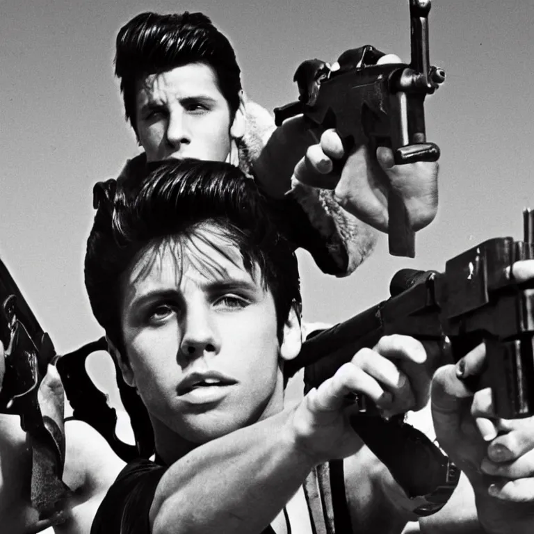 Prompt: photo of danny zuko in the post apocalyptic wasteland, large submachine gun, surrounding mutant creatures