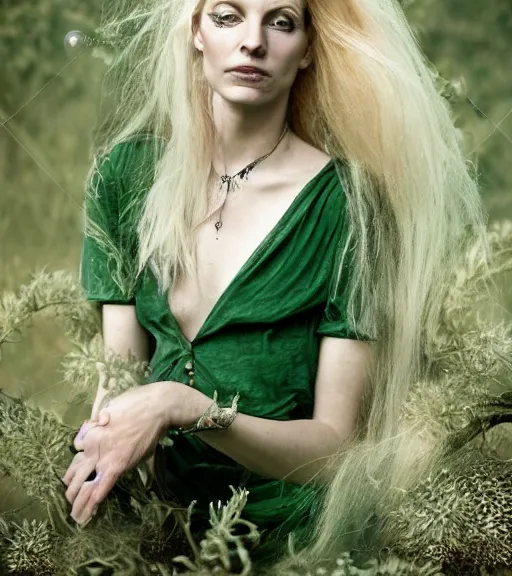 Image similar to hd portrait of a 3 2 - year old woman with an ethereal, whimsical, fey aesthetic. dirty blonde hair. green clothes. silver jewelry. a modern - day witch and enchantress of the acanthus path. portrait photography by annie leibovitz.