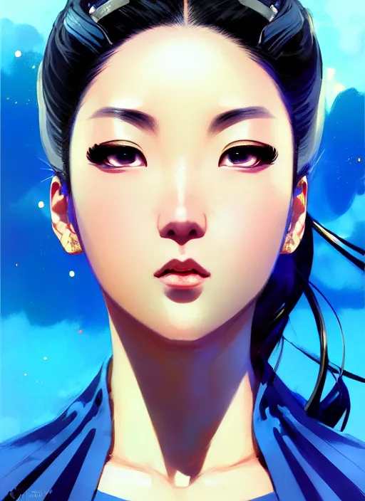 Prompt: a comic portrait of chun - li, fine - face, realistic shaded perfect face, fine details. blue - ish cosmic setting. very anime style. realistic shaded lighting poster by ilya kuvshinov katsuhiro, raden saleh, basuki abdullah, jeremy lipkin and michael garmash, rob rey and kentaro miura style, trending on art station