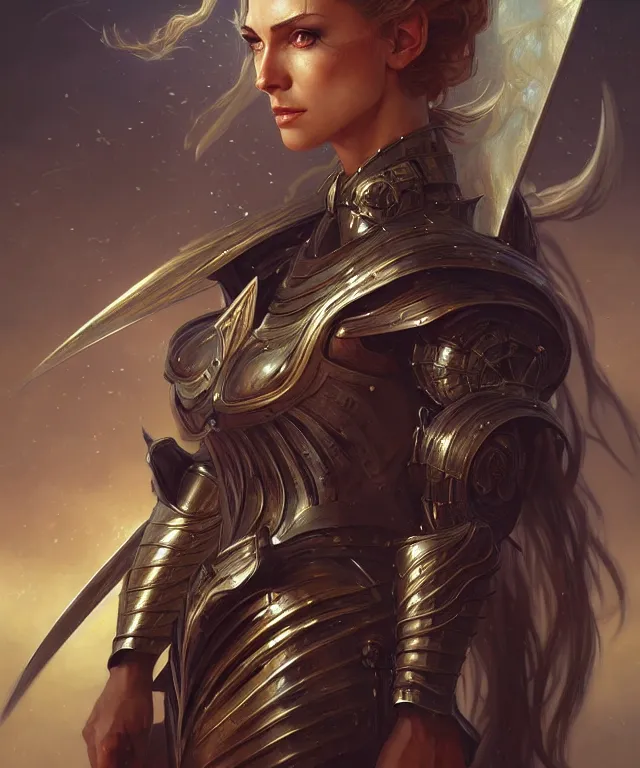 Image similar to Muscular and powerful medieval knight woman portrait, sci-fi, amber eyes, face, long hair, fantasy, intricate, elegant, highly detailed, digital painting, artstation, concept art, smooth, sharp focus, illustration, art by artgerm and greg rutkowski and alphonse mucha