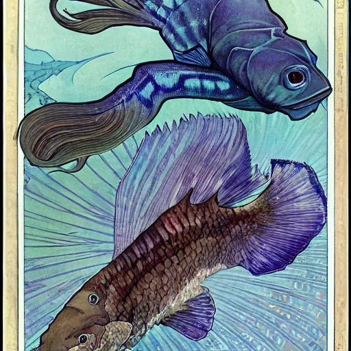 Prompt: a single fantasy hybrid animal with features the body of an armored catfish, fins and feet a sea robin, and the skin and gills of a lamprey that has six large black eyes the animal is swiming in dark blue and purple toned water in a jagged rocky landscape by alphonse mucha and brian froud.