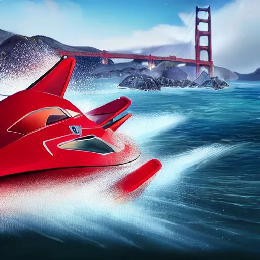 Image similar to concpet art featuring a futuristic red racing speedboat designed in the style of ferrari racing under the golden gate bridge. fine detail. surf. this 4 k hd image is trending on artstation, featured on behance, well - rendered, extra crisp, features intricate detail, epic composition and the style of unreal engine.