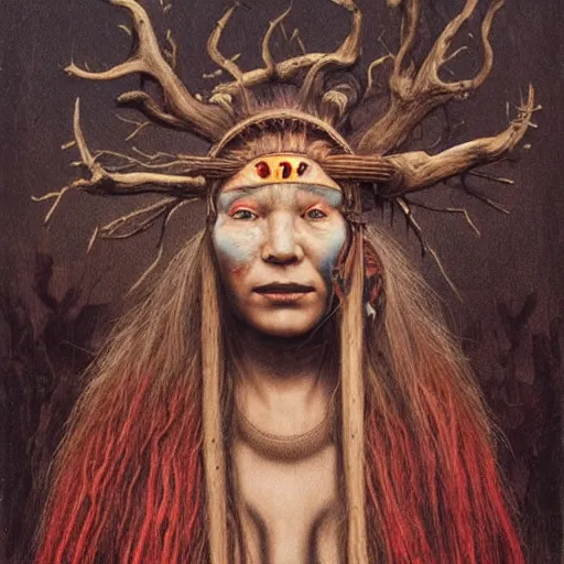 Image similar to A young blindfolded shaman woman with a decorated headband from which blood flows, in the style of heilung, blue hair and wood on her head. The background is a forest on fire, made by Esao Andrews and Karol Bak and Zdzislaw Beksinski,