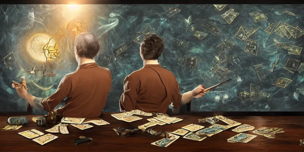 Image similar to back shot of male accountant examining the mysteries of tarot cards on a magical blackboard, fantasy art, matte painting, high quality, digital painting, artwork by terryl whitlatch