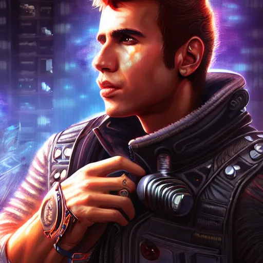 Prompt: arthur fonzareli, being a great, loveable guy, sci - fi, gritty, shadowrun splash art, art by artgerm, intricately detailed, highly detailed, trending on artstation, 4 k, wallpaper - 1 0 2 4