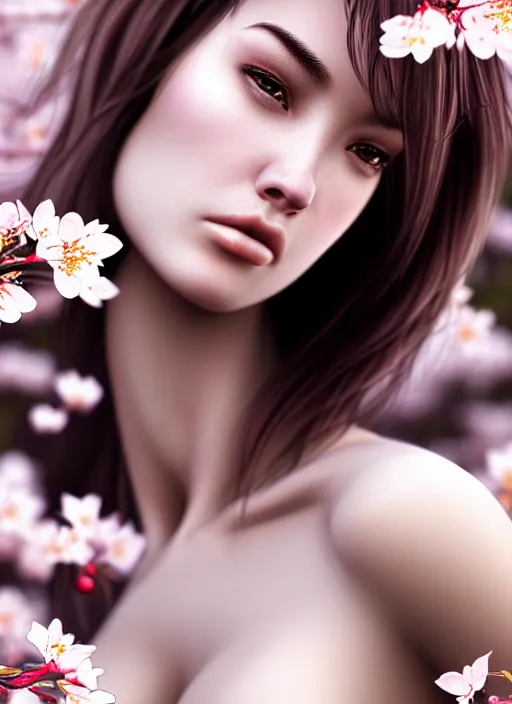 Image similar to photo of a gorgeous female with messy hair in the style of stefan kostic, realistic, body shot, sharp focus, 8 k high definition, insanely detailed, intricate, elegant, art by stanley lau and artgerm, cherry blossoms