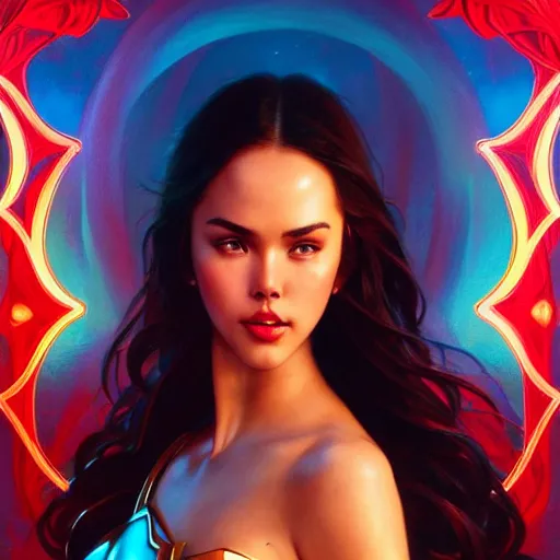 Image similar to catriona gray as darna, volumetric lights, red and cyan theme, art nouveau botanicals, intricate, highly detailed, digital painting, artstation, concept art, smooth, sharp focus, cinematic, illustration, beautiful face, art by artgerm and greg rutkowski and alphonse mucha