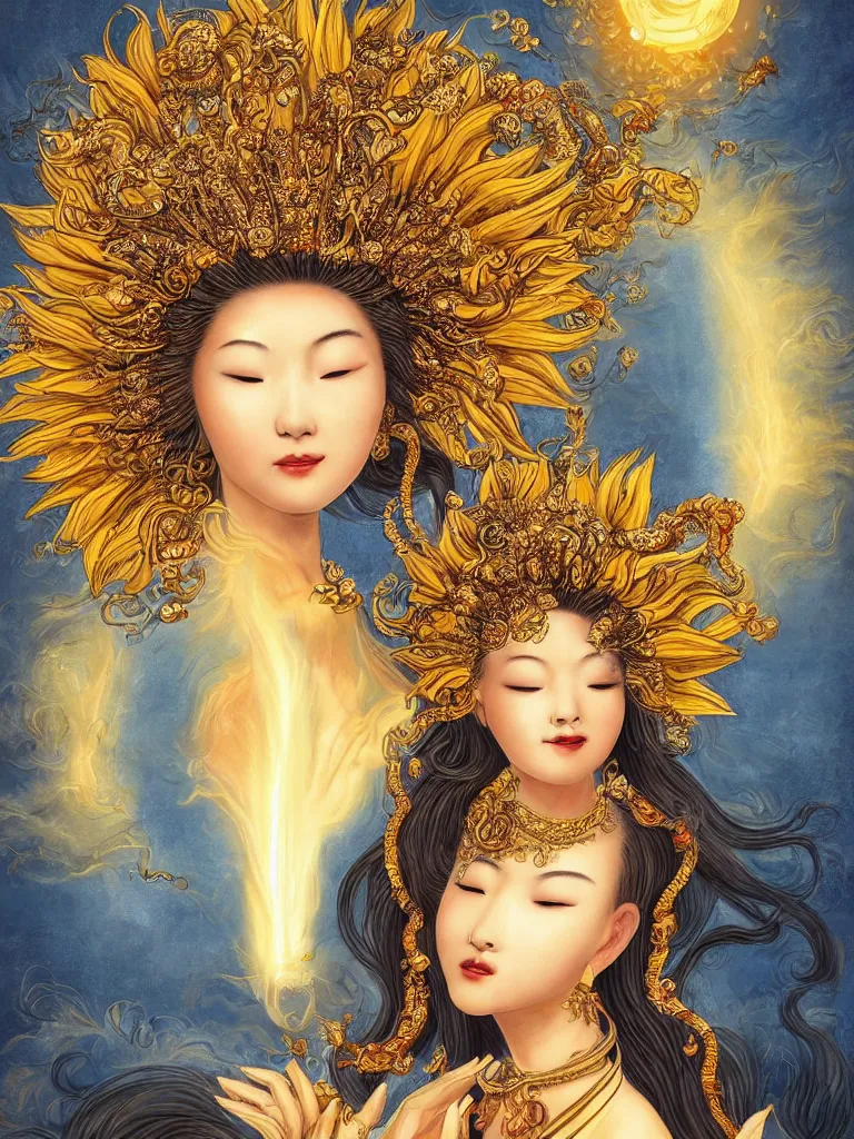 Image similar to Graceful portrait of the Sunflower Goddess, a Chinese female deity who brings joy and light onto the world with her smile and by channeling energy from the sun. Insanely nice professional hair style, dramatic hair colour, digital painting of a old 17th century, amber jewels and golden gemstones, baroque, ornate clothing, sci-fi, dark blue smoke background, flames, very realistic, chiaroscuro, art by Franz Hals and Jon Foster and Ayami Kojima and Amano and Karol Bal.