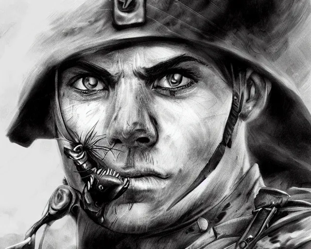 Prompt: A soldier holding a warrior cat in world war 1, close-up, realistic face, sharp facial features, mature facial features, black and white, amazing digital art, hyper detailed, artstation, in the style of Tony Sart