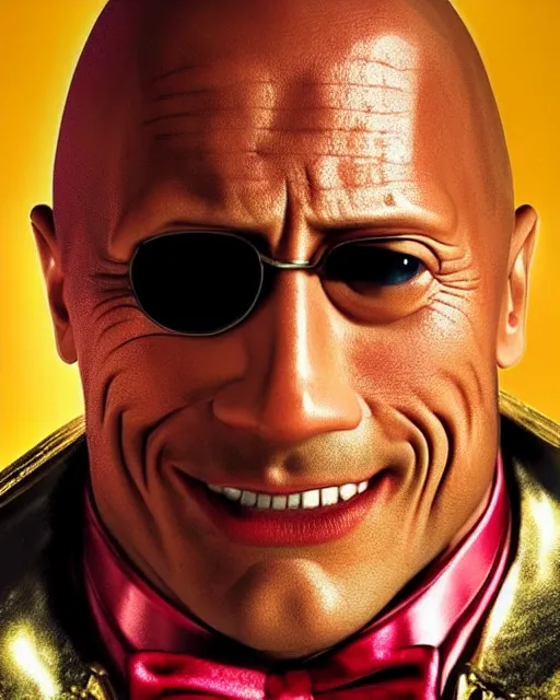 Image similar to Film still close-up shot of Dwayne Johnson as Willy Wonka from the movie Willy Wonka & The Chocolate Factory. Photographic, photography