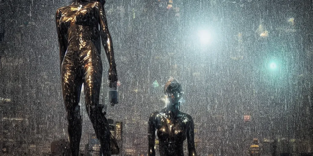 Image similar to cyberpunk statue, rain, space