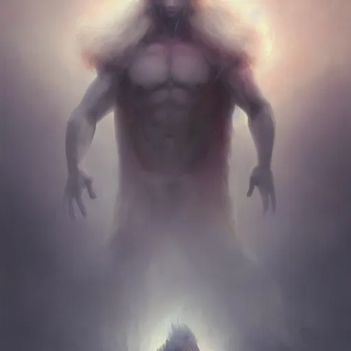 Image similar to epic portrait an beautiful man wearing white bunny suit with bunny ears, muscular, dirty, flames in backround, foggy city backround, broad light, ambient occlusion, volumetric light effect, made by ivan aivazovsky, peter mohrbacher, greg rutkowski, matte painting, trending on artstation, 4 k, perfectly defined features, digital painting,