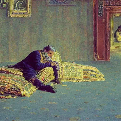 Prompt: 'taking a short rest in a journey through the multiverse', high quality high detail art, by Vasily Vereshchagin