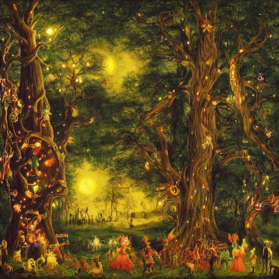 Image similar to a night carnival around a magical tree cavity, with a surreal orange moonlight and fireworks in the background, next to a big lake with iridiscent water, christmas lights, folklore animals and people disguised as fantastic creatures in a magical forest by summer night, masterpiece painted by edward robert hughes, dark night environment