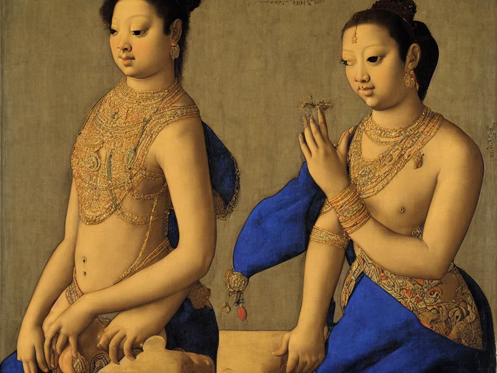 Image similar to portrait of an apsara. painting by bronzino