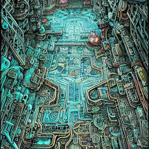 Prompt: a hyper realistic painting of a cyberpunk labyrinth, by joe fenton, highly detailed, vivid color,