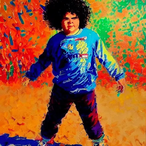 Prompt: gaten matarazzo by leroy neiman, intricate, ultra detailed painting, atmospheric lighting, golden hour