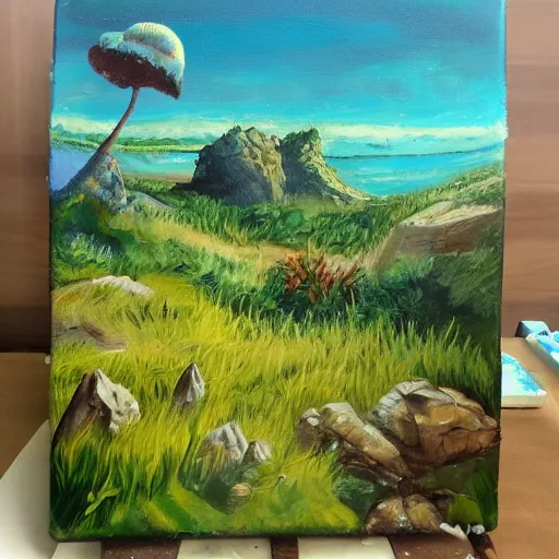 Image similar to rough acrylic painting of a lush natural scene on an alien planet by darien bogart. beautiful landscape. weird vegetation. cliffs and water.