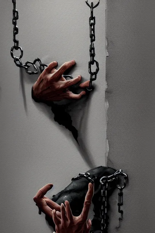 Image similar to black giant crack on the white concrete wall, lot's of different colour hands coming from the hole. he is chained to the console, gloomy, intricate, elegant, highly detailed, digital painting, artstation, concept art, addiction, chains, smooth, sharp focus, illustration, art by ilja repin