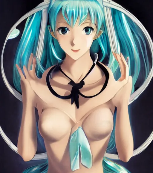 Prompt: Anime art very beautiful Hatsune miku by Gil Elvgren, Earl Moran, Enoch Bolles, symmetrical shoulders, ring on the finger