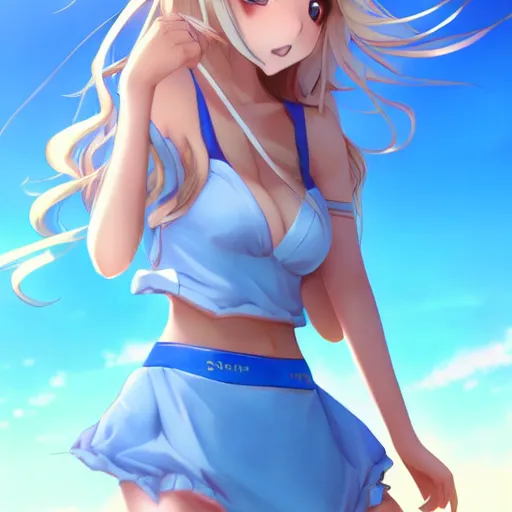 Image similar to a very beautiful young anime cute girl, full body, long wavy blond hair, sky blue eyes, full round face, short smile, bikini, miniskirt, front view, medium shot, mid-shot, highly detailed, cinematic wallpaper by Stanley Artgerm Lau