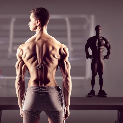 Prompt: a realistic detailed photo of a guy who is an attractive humanoid who is half robot and half humanoid, who is a male android, attractive and handsome joggers, shiny skin, posing like a statue, blank stare, in a gym, on display, showing off his muscles, wearing gym shorts, side view, looking at each other mindlessly
