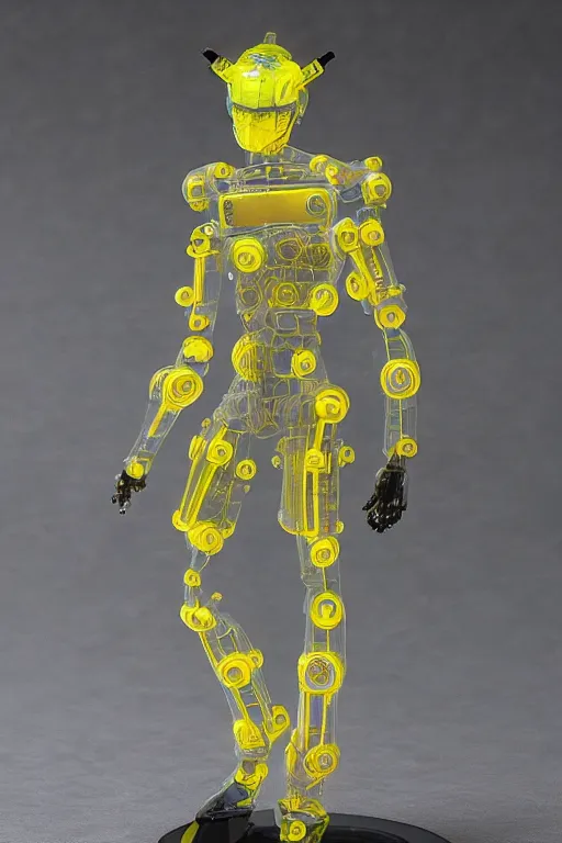 Prompt: a intricate anime figurine that looks like a transparent plastic robot with fluo colored details with yellow smoke, moody light, flemish painting