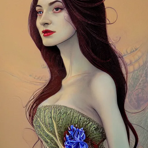 Image similar to facial portrait of a young pretty woman in flowing dress, arrogant, mysterious, long fine flowing hair, delicate, looking at camera, slightly awkward smile, realistic face, hands behind back, stylish, elegant, grimdark fantasy, flowers, extremely detailed painting inspired by Gerald Brom and Ernst Haeckel and Kaluta