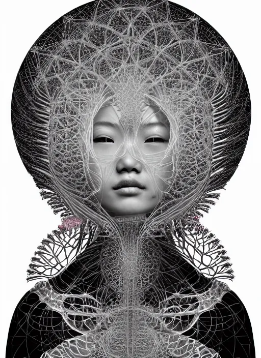 Image similar to ridiculously beautiful young asian woman tripping, caduceus fractals radiating from head with sacred geometry, cosmic, natural, awakening, symmetrical, in the style of ernst haeckel, effervescent, warm, photo realistic, epic and cinematic