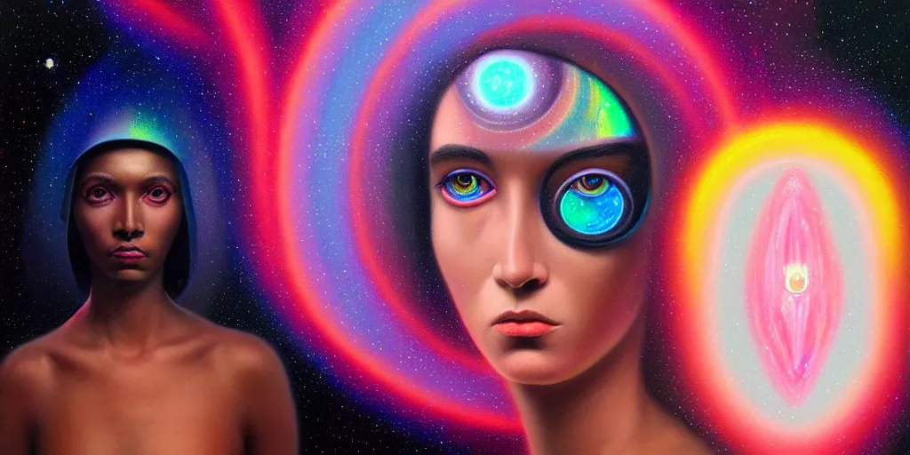 Image similar to patron saint of 🛸🌈👩🏾, futuristic iridescent clothing, wormhole, nebula, black hole, aries constellation, multiverse, neon god of city character portrait, in the style of margaret keane, moebius, tom bagshaw, and waterhouse, cinematic lighting, beautiful, elegant, oil painting,