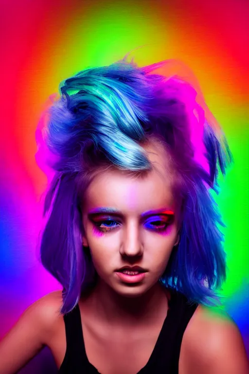 Image similar to a award winning half body portrait photograph of a beautiful woman with stunning eyes in a croptop and cargo pants with rainbow colored hair, routlined by whirling illuminated neon lines, outrun, vaporware