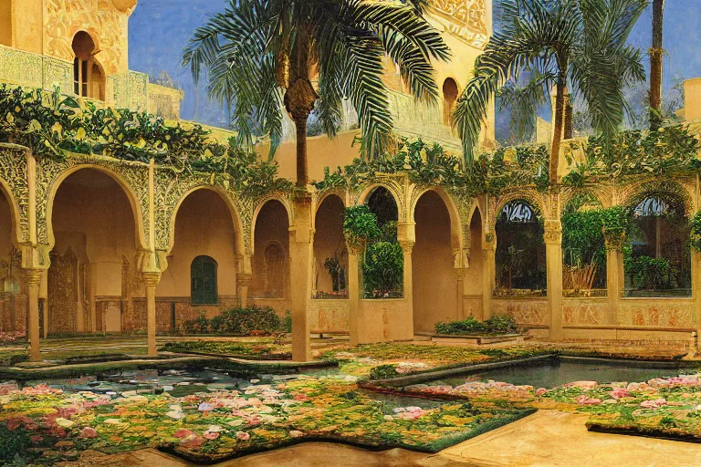 Image similar to painting of a beautiful moorish palace courtyard garden, by rudolf ernst and maxfield parrish, patterned tilework, palm trees, tiled fountains, extremely detailed, cinematic lighting, smooth sharp focus