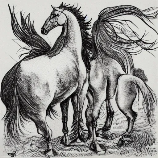 Image similar to horse and a large chicken standing back to back, in a cool pose, childhood illustration, friendly, pen and ink