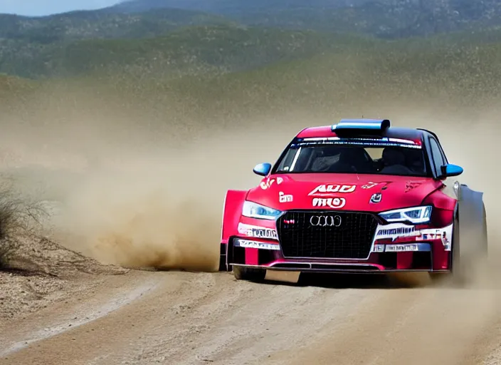 Prompt: action photo of an Audi M3 Nismo rally car on a dirt road