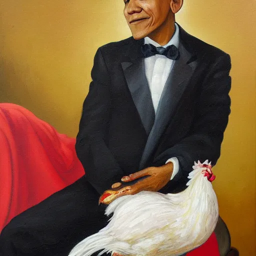 Prompt: Oil painting of Barack Obama holding a chicken, 1800s painting,