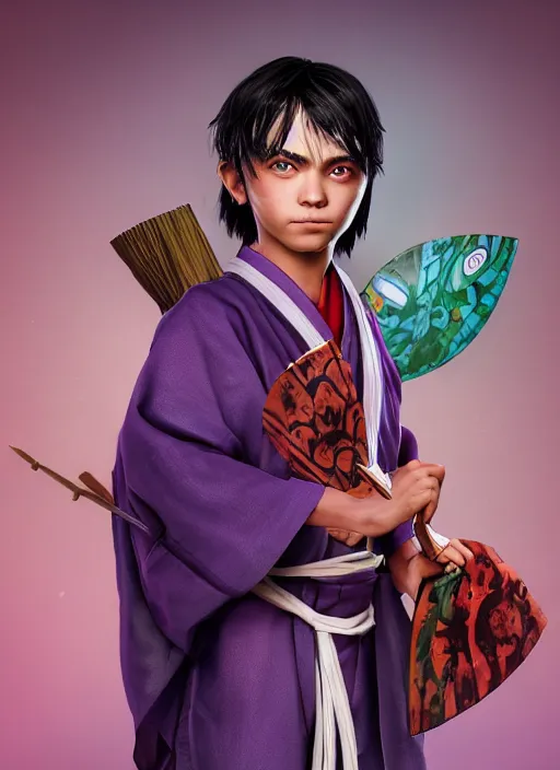 Image similar to An epic fantasy comic book style portrait painting of a young boy with straight indigo hair, purple eyes with red eye markers, slim body, wearing a detailed Japanese kimono with traits of the god Fuujin, holding a pair of fans. Unreal 5, DAZ, hyperrealistic, octane render, cosplay, RPG portrait, dynamic lighting