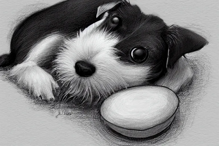 Image similar to cute black and white jack russel terrier laying on dog bed, large round eyes, concept art, game art, character design, fantasy illustration, sketch by cory loftis and bill schwab