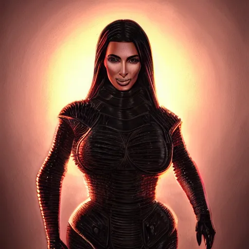 Image similar to kim kardashian portrait, dystopia core, apocalyptic, armor, warrior, dramatic, sharp focus, fiction, neon, fantasy, hyper detailed, digital art, trending in artstation, cinematic lighting, studio quality, smooth render, unreal engine 5 rendered, octane rendered, art style and nixeu and wlop and krenz cushart