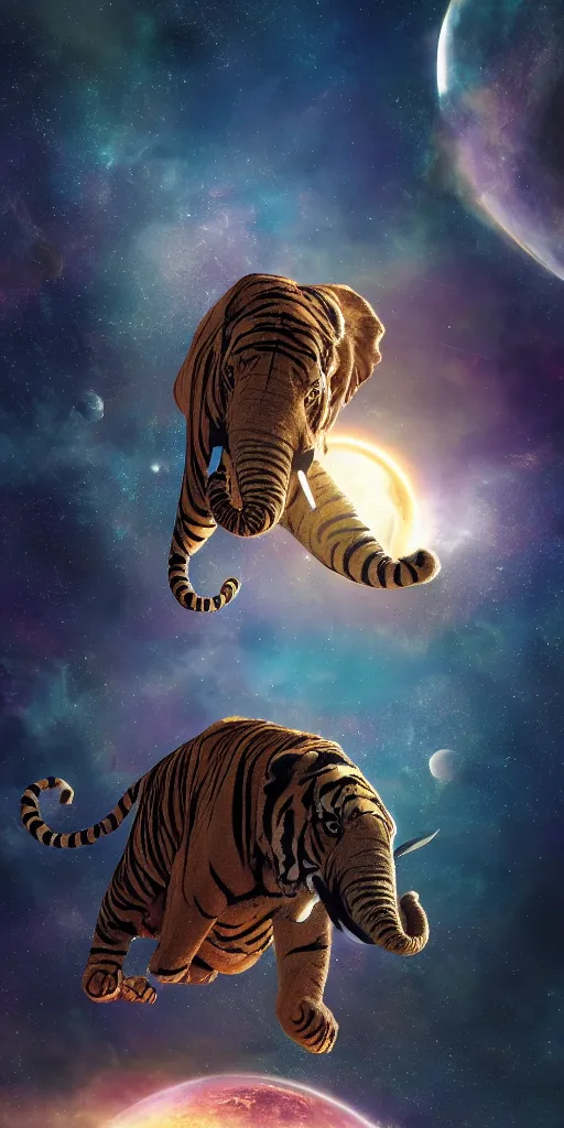 Image similar to planet - sized tiger elephant in space, next to the sun and stars, very wide shot, epic composition, hyper detailed, digital art, trending in artstation, cinematic lighting, studio quality, unreal engine 5 rendered, art style by klimt and nixeu and ian sprigger and wlop and krenz cushart