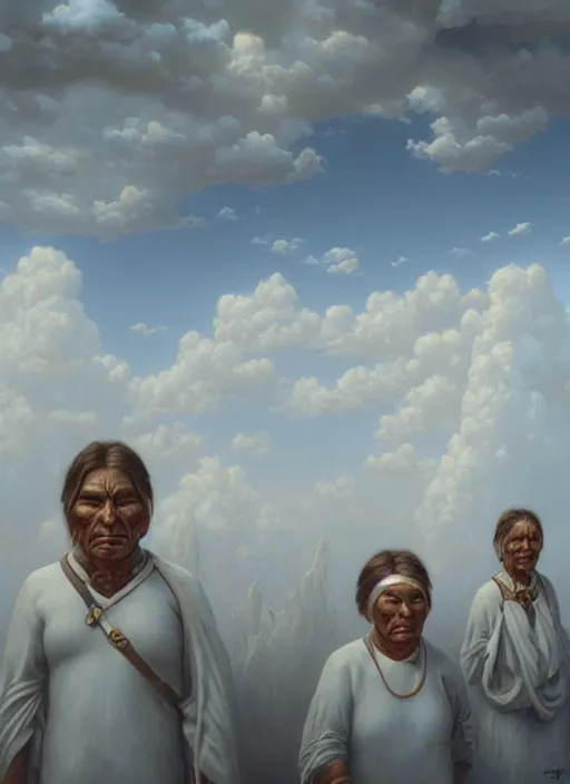 Prompt: faces of old indigenous people embedded made of clouds in the sky, art by christophe vacher