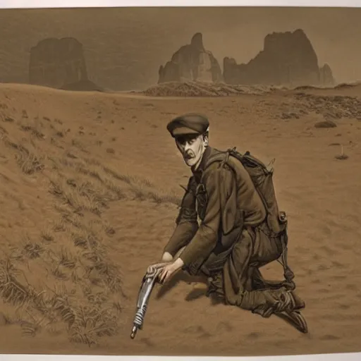 Image similar to a detailed photorealistic sepia - toned color line drawing of a 1 9 1 7 worried clean - shaven british lieutenant in detailed field gear not wearing a hat in wadi rum, ultra realistic, painted, intricate details, lovecraft, atmospheric, dark, horror, brooding, highly detailed, by clyde caldwell