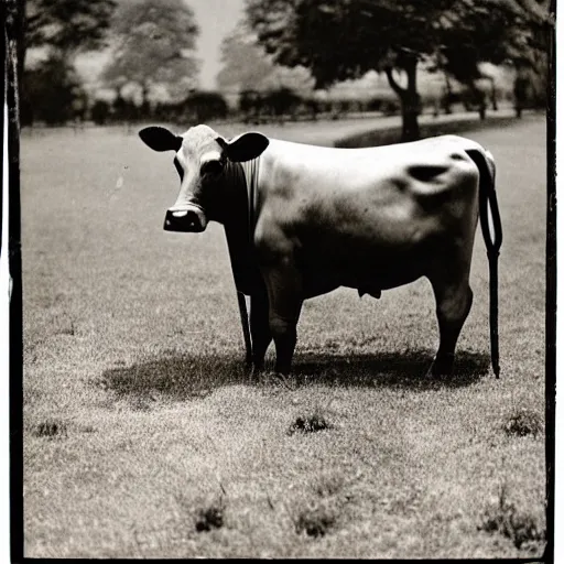 Image similar to vintage photograph from the 1 9 3 0 s of a cow being abducted by aliens shot from the ground