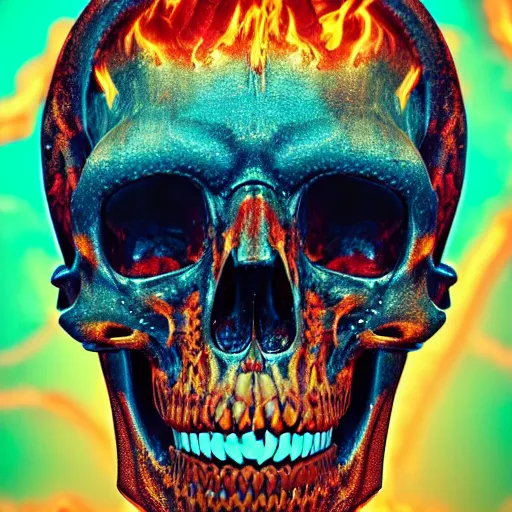 Image similar to a highly detailed human skull covered with intricate designs with fire for eyes on fire in front of a neon blue background, 3 d, colorful, octane render, symmetrical, hyper realism, highly detailed, digital art, artstation, concept art, cinematic lighting, strong bokeh, trending