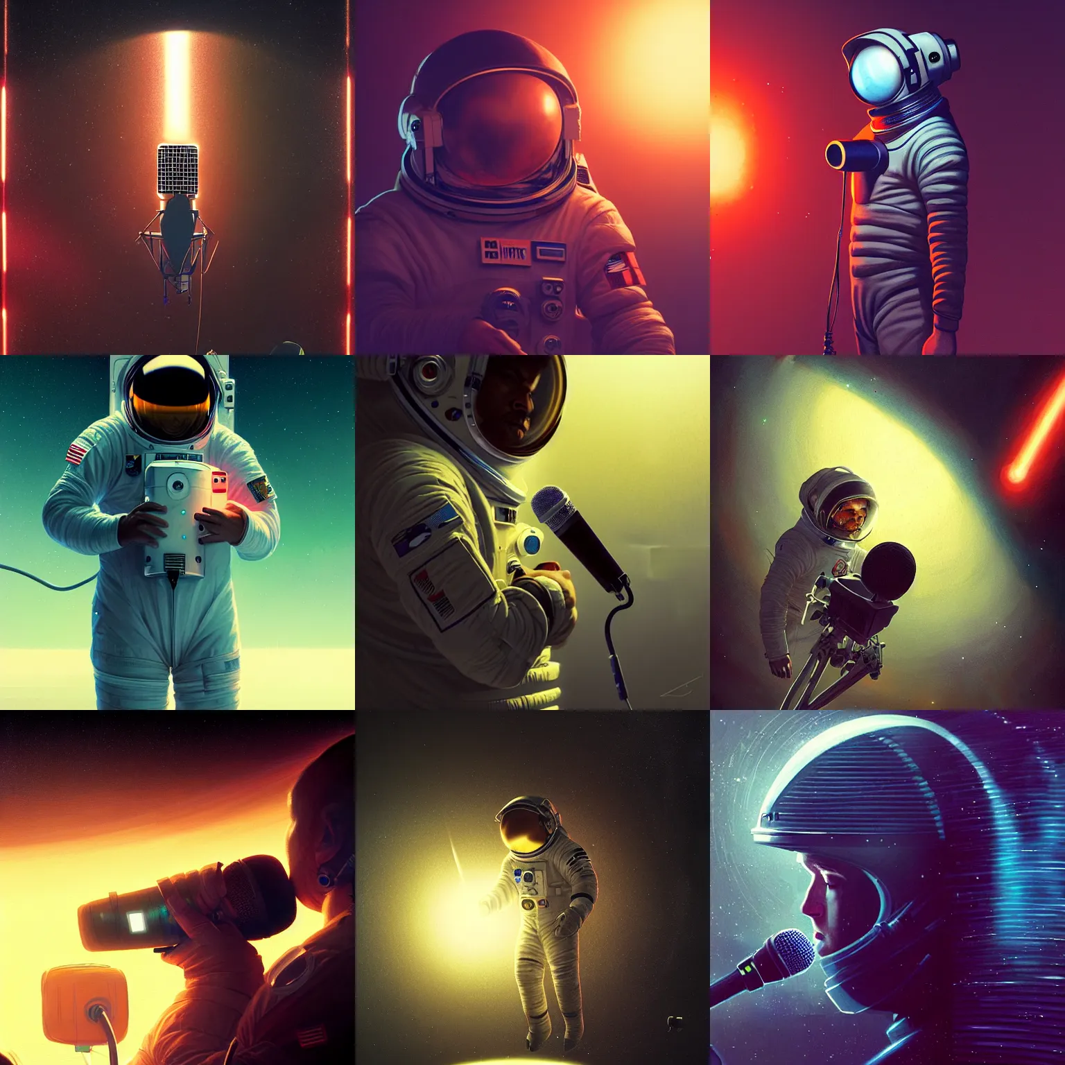 Prompt: portrait of an astronaut holding a microphone on a stage,digital art,ultra realistic,ultra detailed,art by greg rutkowski,dramatic,cinematic,neon,professional lighting