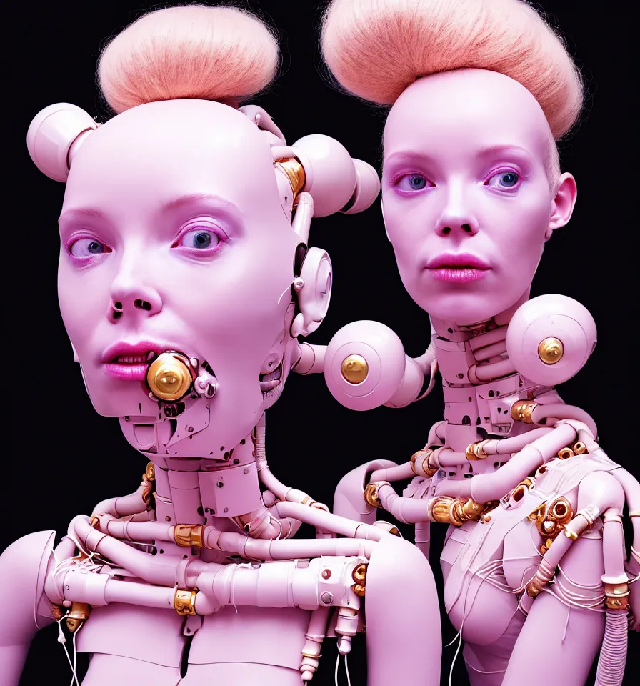 Image similar to portrait of a alien futuristic cyborg wearing a gold pipes fitted beauty mask and pink hair buns, wearing a black bodysuit by alexander mcqueen, cream white background, perfectly symmetric, soft diffused light, biotechnology, humanoid robot, hanging electrical cables and pipes, bjork aesthetic, translucent, by rineke dijkstra, intricate details, highly detailed, masterpiece,
