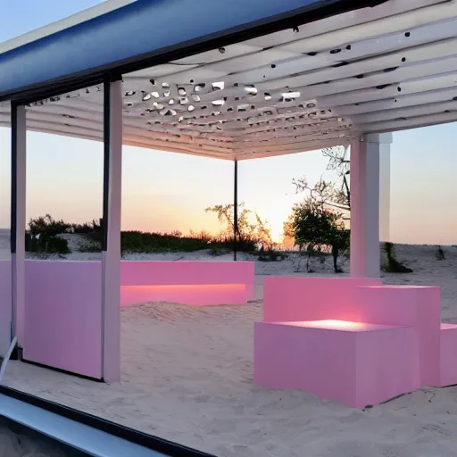 Image similar to An ultra high definition, professional photograph of an outdoor partial IKEA showroom inspired sculpture located on a pastel pink beach ((with pastel pink, dimpled sand where every item is pastel pink. The sun can be seen rising through a window in the showroom.)) The showroom unit is outdoors and the floor is made of dimpled sand. Morning time indirect lighting with on location production lighting on the showroom. In the style of wallpaper magazine, Wes Anderson.