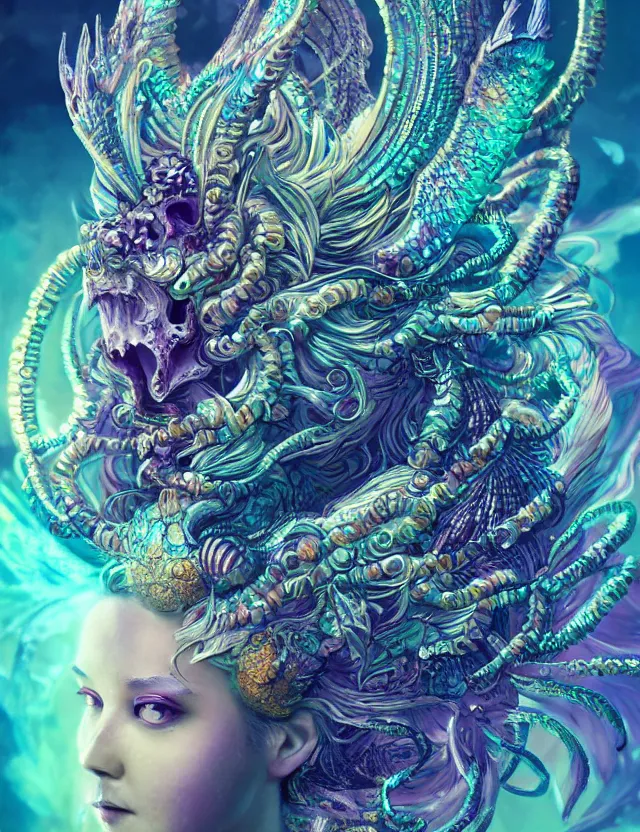 Image similar to goddess phoenix macro close - up portrait with crown made of ram skull. phoenix, betta fish, jellyfish, bioluminiscent, plasma, ice, water, wind, creature, super intricate ornaments artwork by tooth wu and wlop and beeple and greg rutkowski