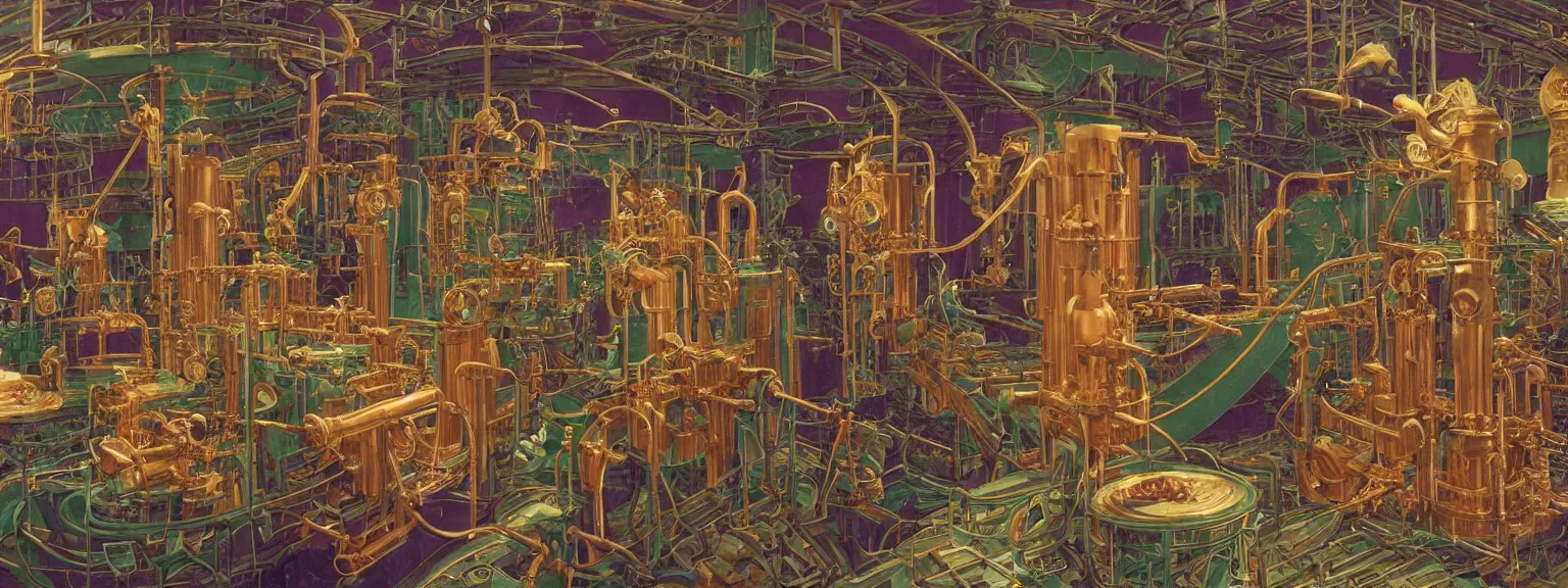 Image similar to a super high resolution film still of machine apparatus for making snake oil, huge copper machine with purple and green intricate pipework, art by andrey remnev, and bruce pennington, directed by denis villeneuve, cinematography by robby muller, kodachrome 8 k, snake machine, cinematic lighting