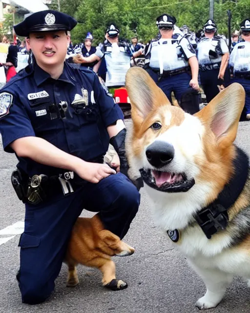 Image similar to a corgi police dogs wearing tactical k 9 gear, crowd control. riots