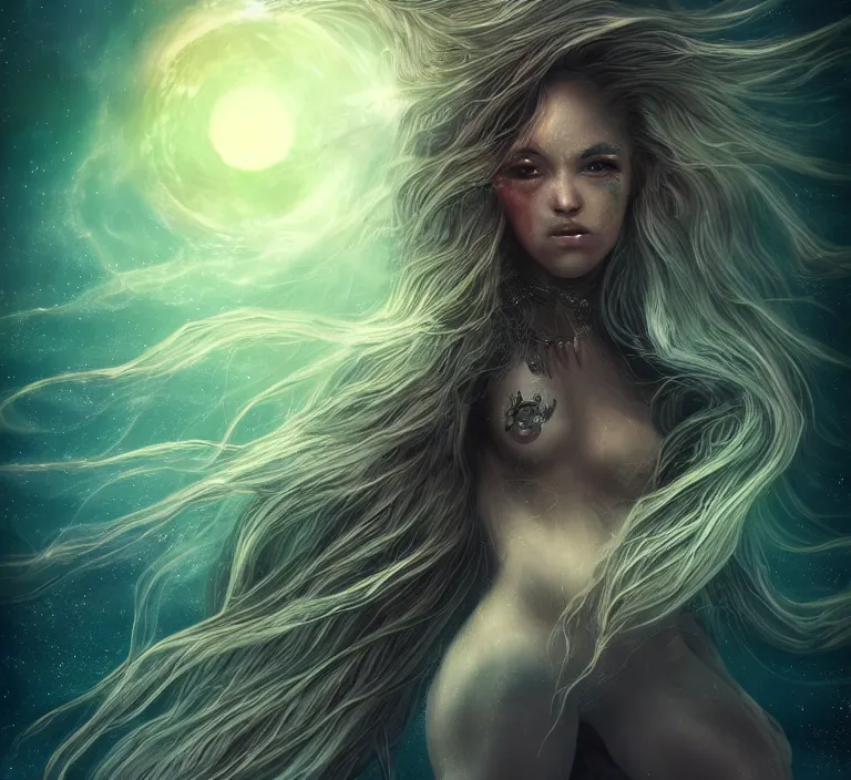 Image similar to beautiful celestial woman with long hair wrapping downward around earth seen for space, hyper-detailed, smooth, sharp focus, depth map, digital painting, apocalyptic art, fantasy dark art, 4k ultra hd, cinematic